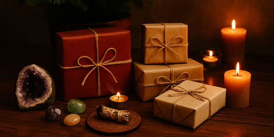 Cadeaux spirituels au pied d’un sapin de Noël, entourés de bougies, pierres et géodes dans une ambiance ésotérique chaleureuse
