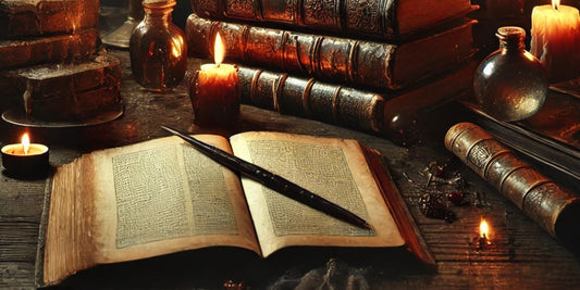 Un livre ancien, ouvert sur des pages remplies de mystères, repose sur un bureau éclairé par la lueur vacillante d’une bougie. Derrière lui, une pile de grimoires poussiéreux semble renfermer des secrets oubliés
