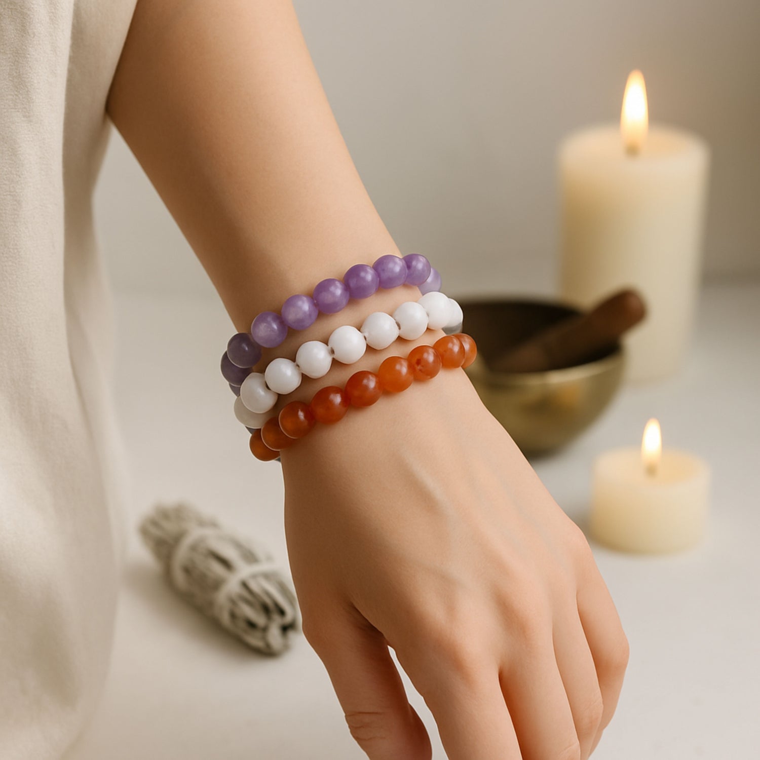 Poignet féminin orné de trois bracelets de litthothérapie en pierres naturelles, dans une ambiance épurée et apaisante. Décor subtil à dimension ésotérique avec des éléments comme la sauge, des cristaux et une lumière douce évoquant la sérénité et la spiritualité.