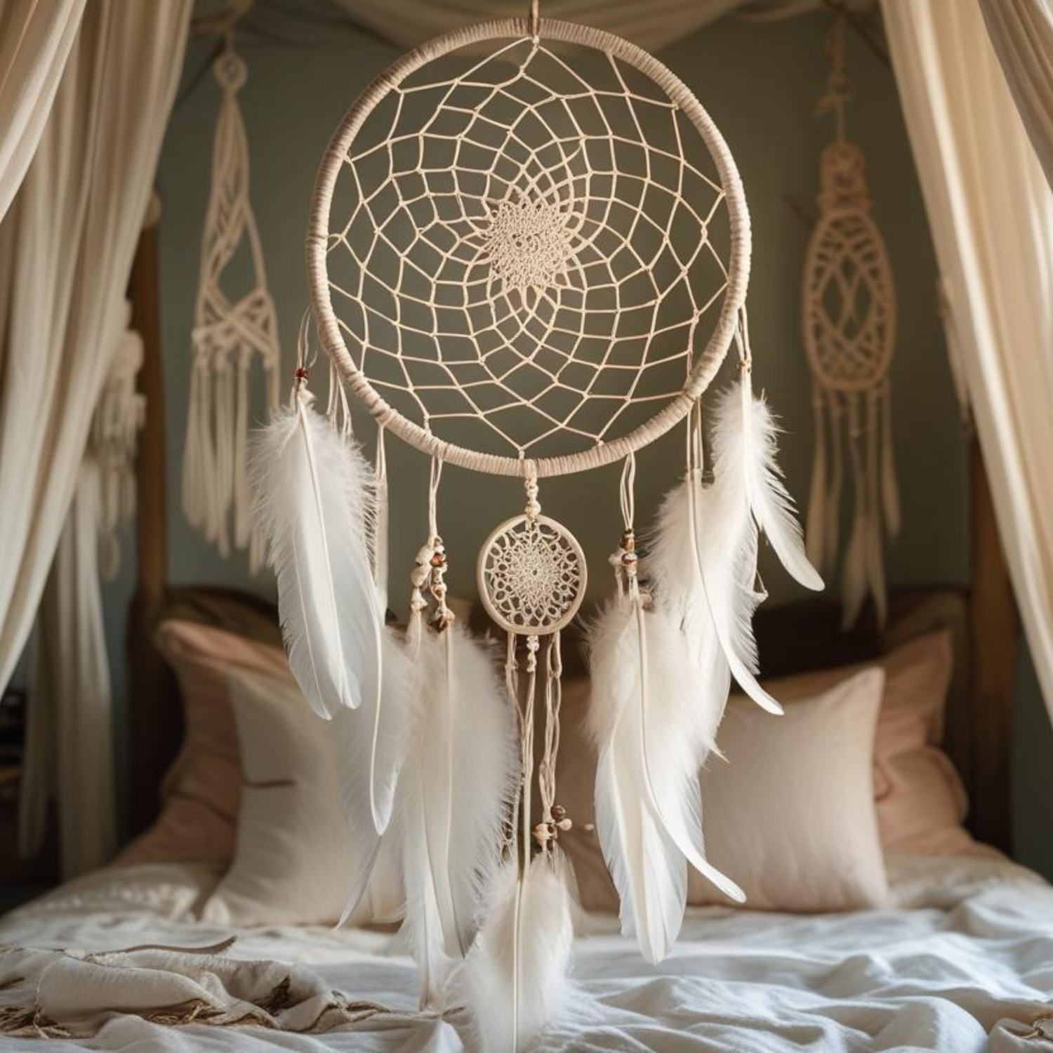 attrape rêve artisanal réalisé en macramé avec des jolies plumes blanches