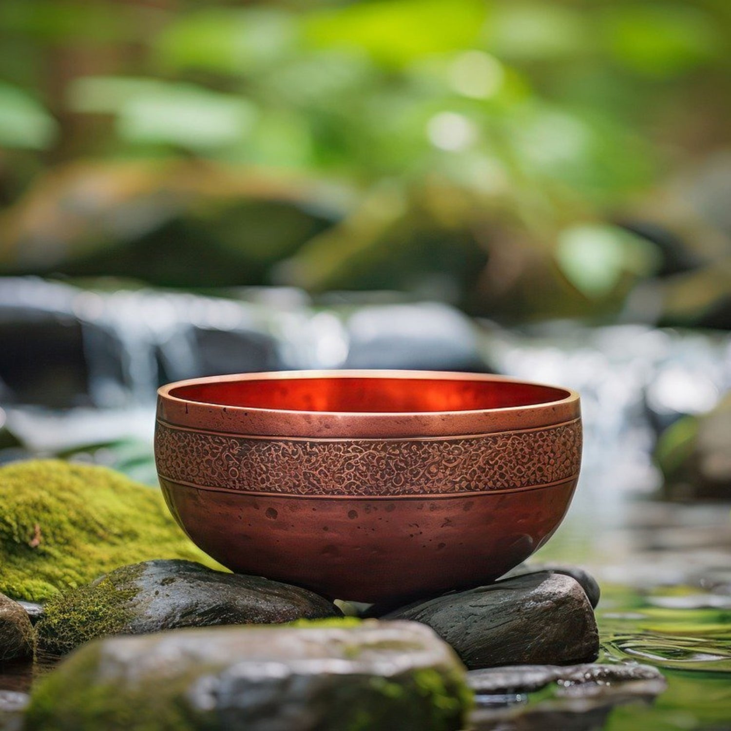 bol chantant tibétain posé sur de ptit rocher au bord d'un ruisseau