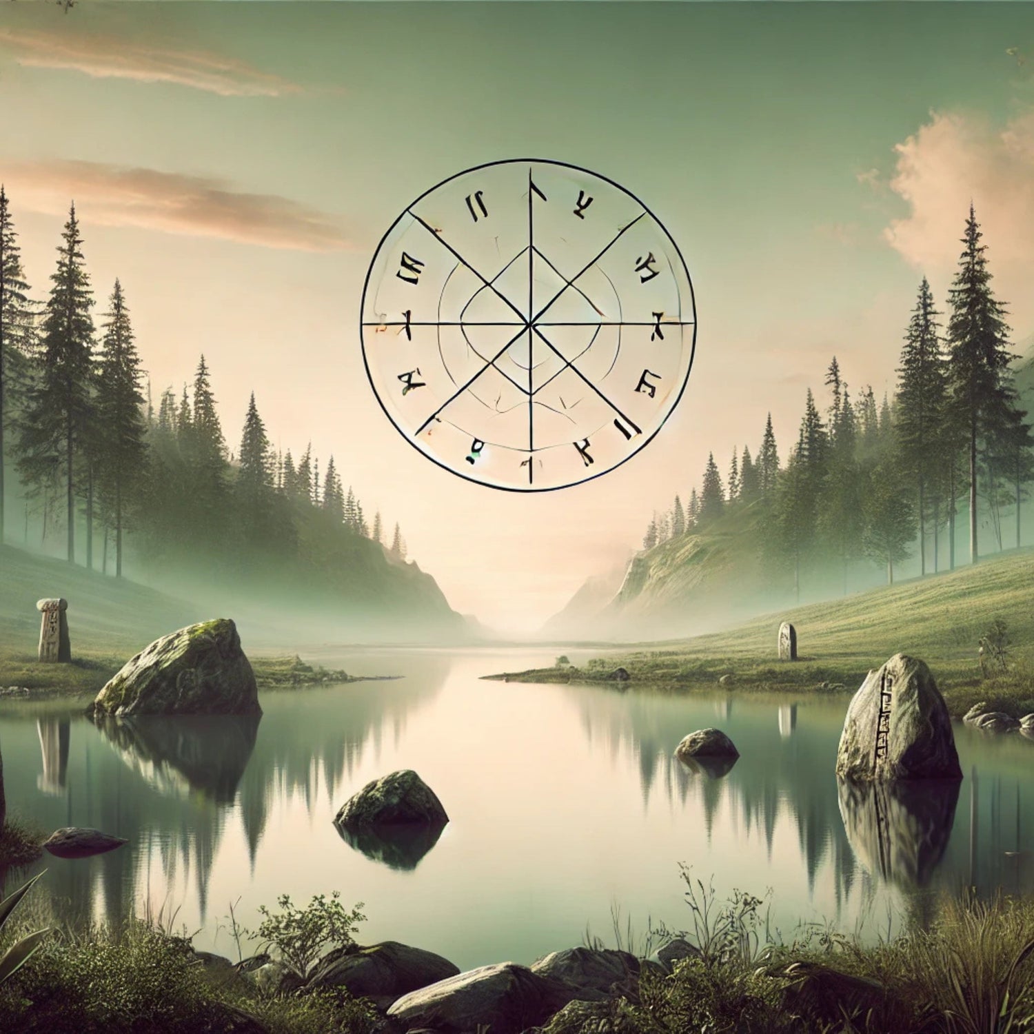 dessin ancien d'une contrée ciking ou l'on voit des symboles de runes en cercle dans le ciel