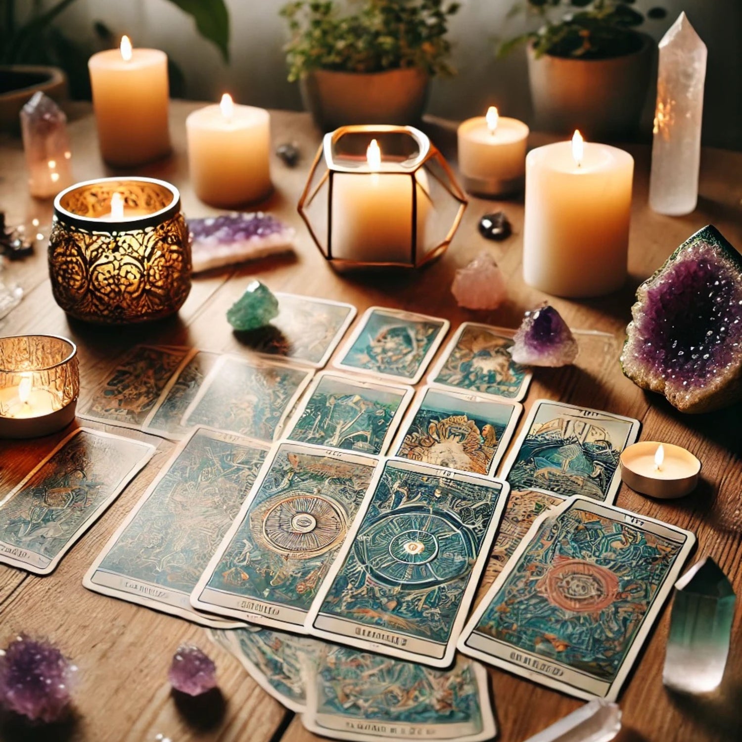 scène de cartomancie, un ensemble de cartes de tarots sont retournées, éclairées à la bougie