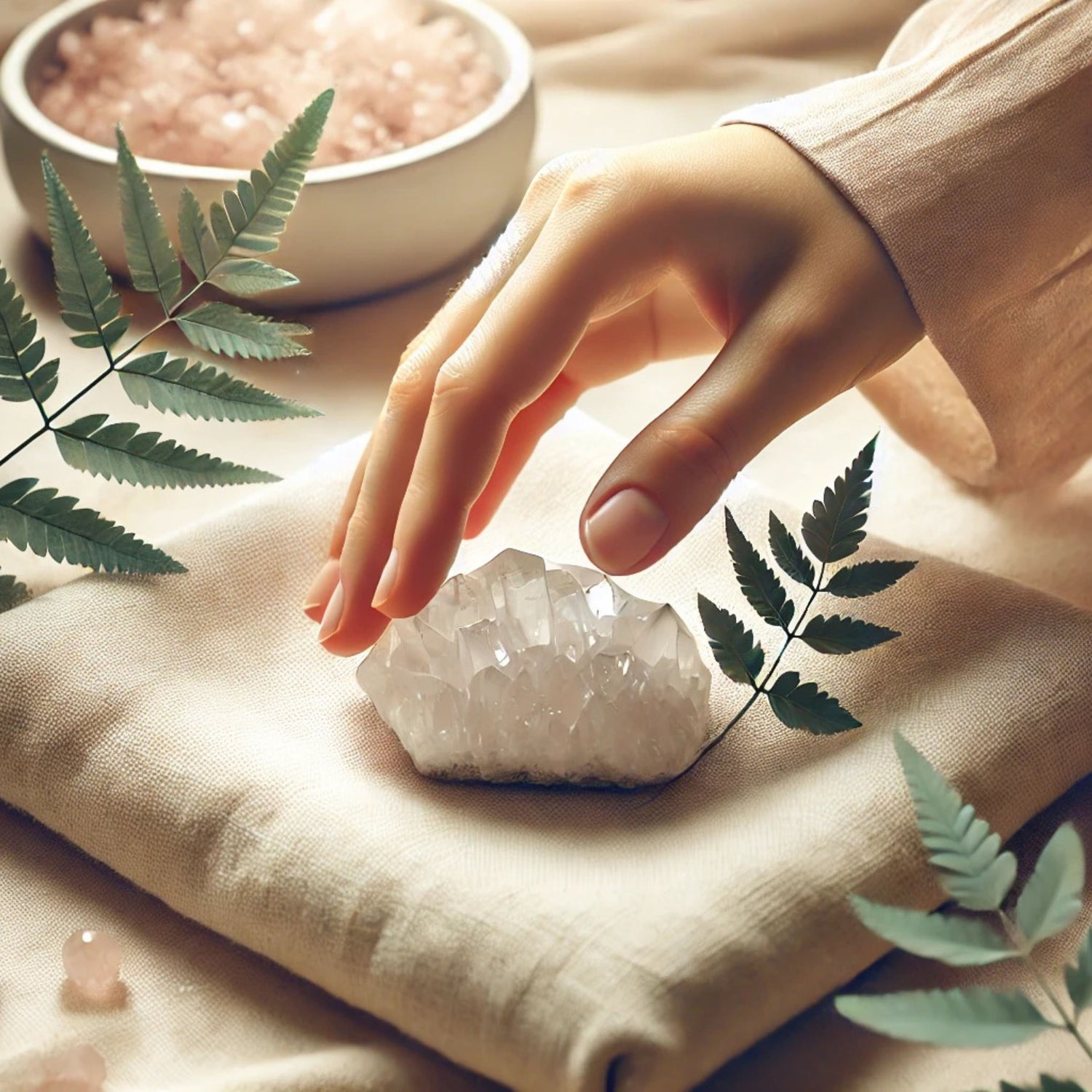main qui dépose délicatement un cristal clair sur un linge en coton naturel