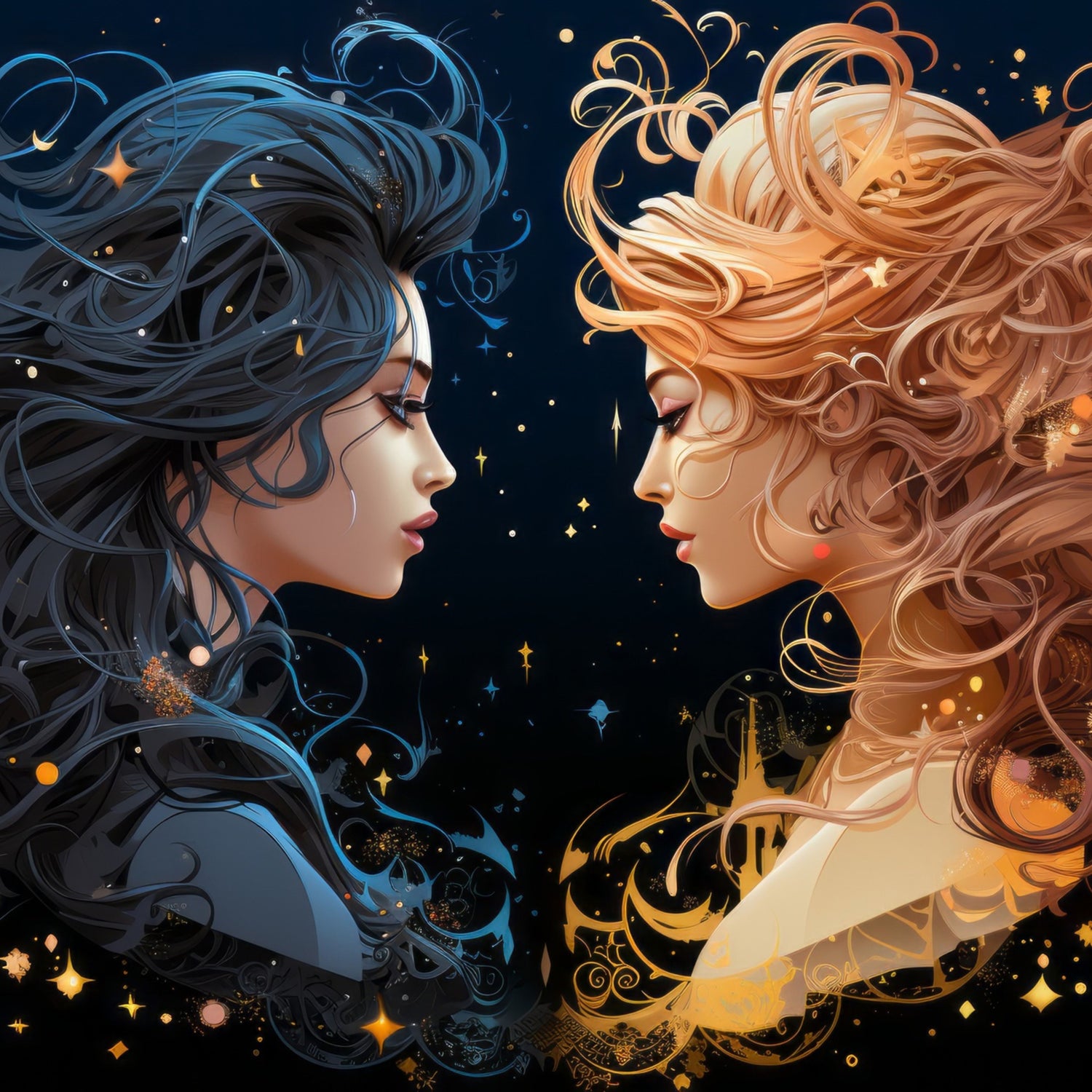 Les 2 soeurs de la boutique ésotérique l'une brune représentant l'ombre l'autre rousse représentant le soleil