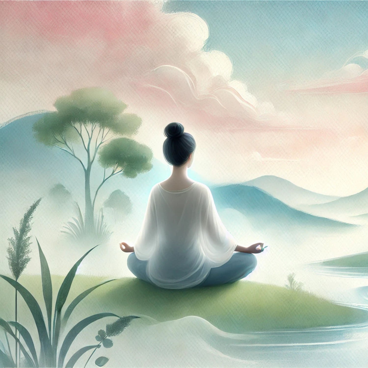 Aquarelle très zen d'une femme en pleine méditation, l'ambiance est très relaxante