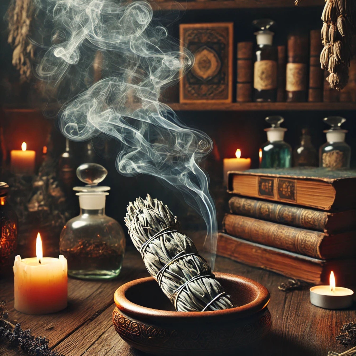 bâton de sauge blanche légèrement fumant pour purifier les energies de la pièce. l'ambiance est un peu mystique et apothicaire