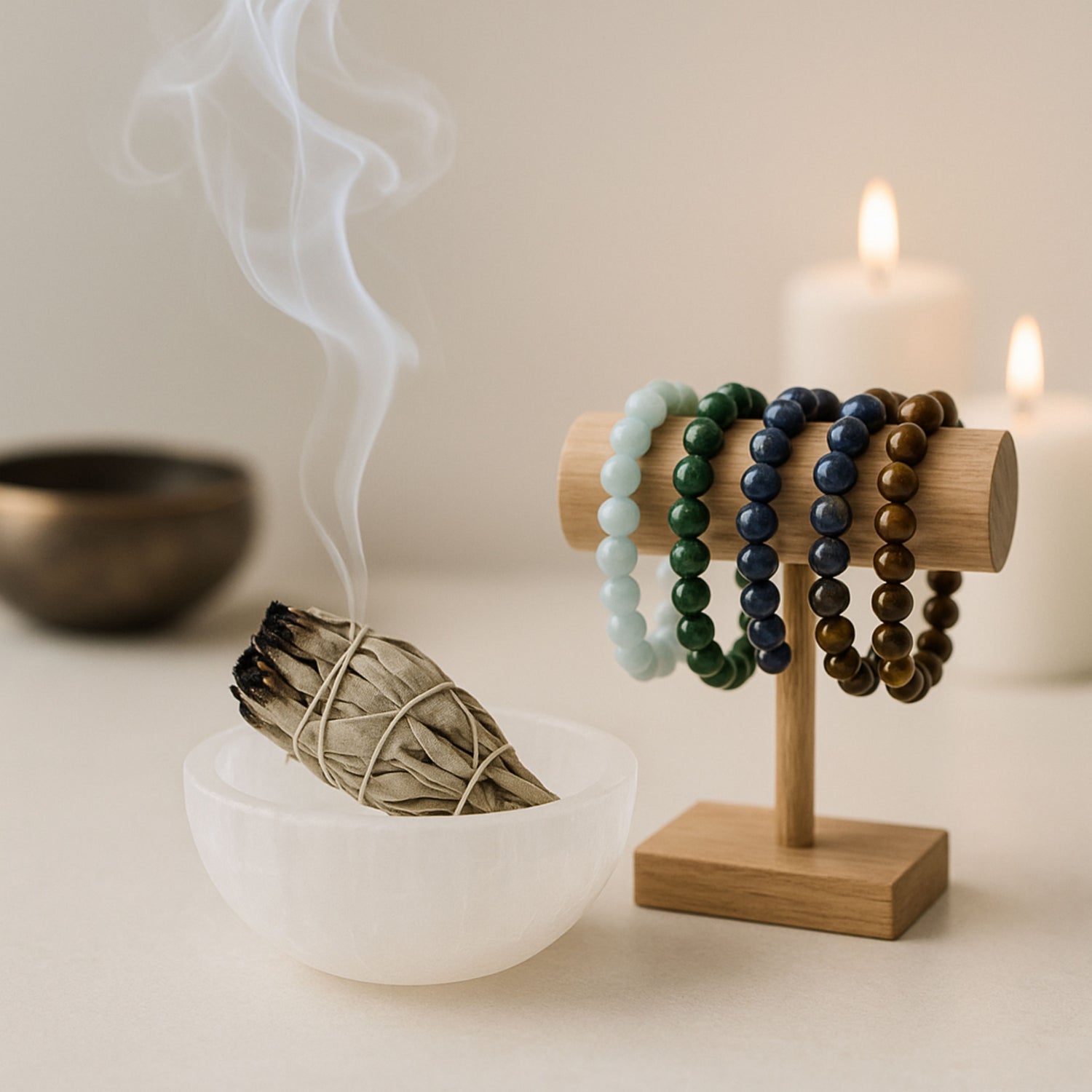 Bâton de sauge blanche fumant dans un bol en sélénite, avec bracelets de liethothérapie en pierres naturelles exposés sur un présentoir en bois, ambiance ésotérique avec bougies et bol chantant en arrière-plan.