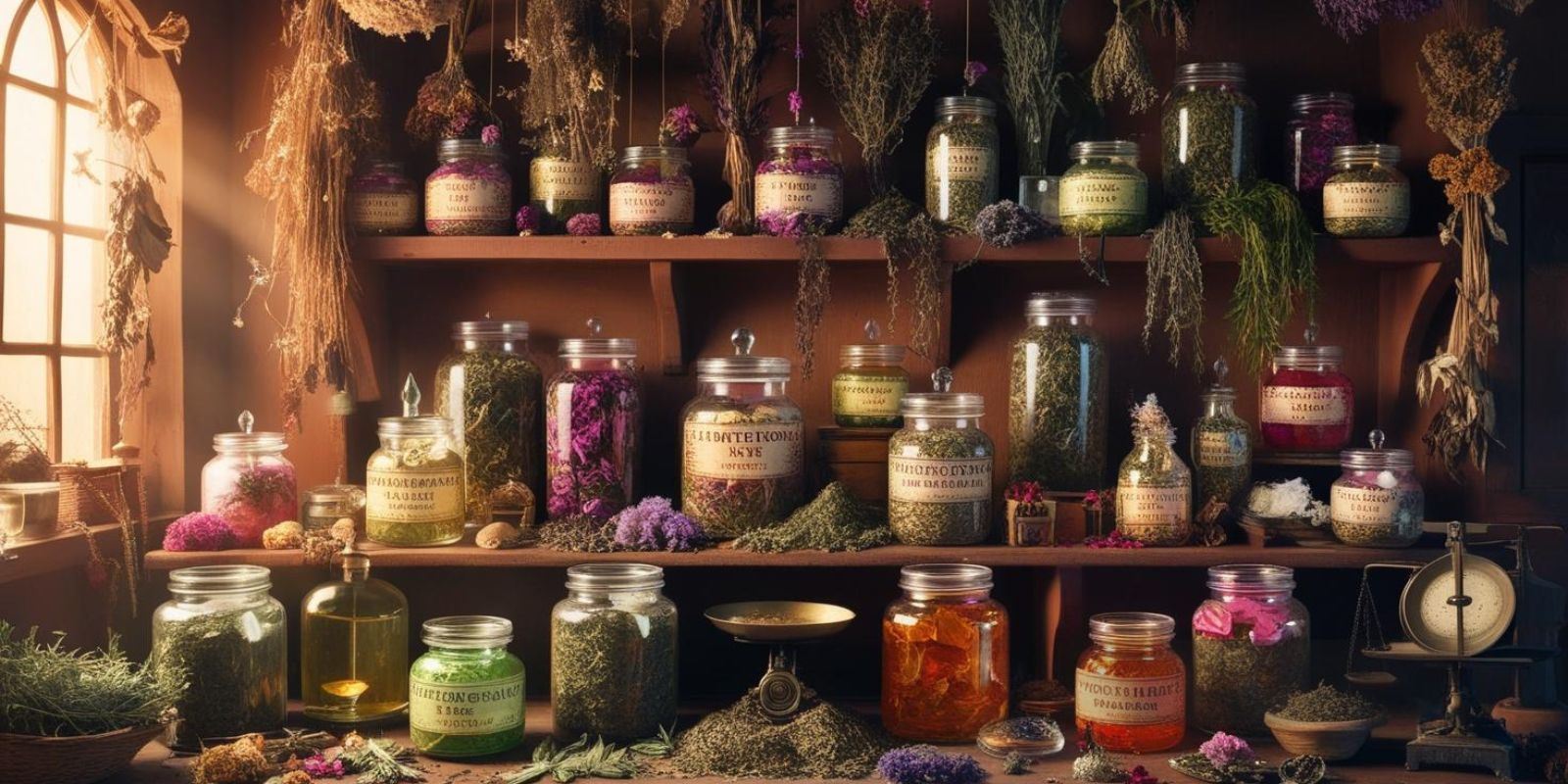 ensemble de plein de bocaux en verres remplis d'herbes et fleurs séchées dans un univers ésotérique