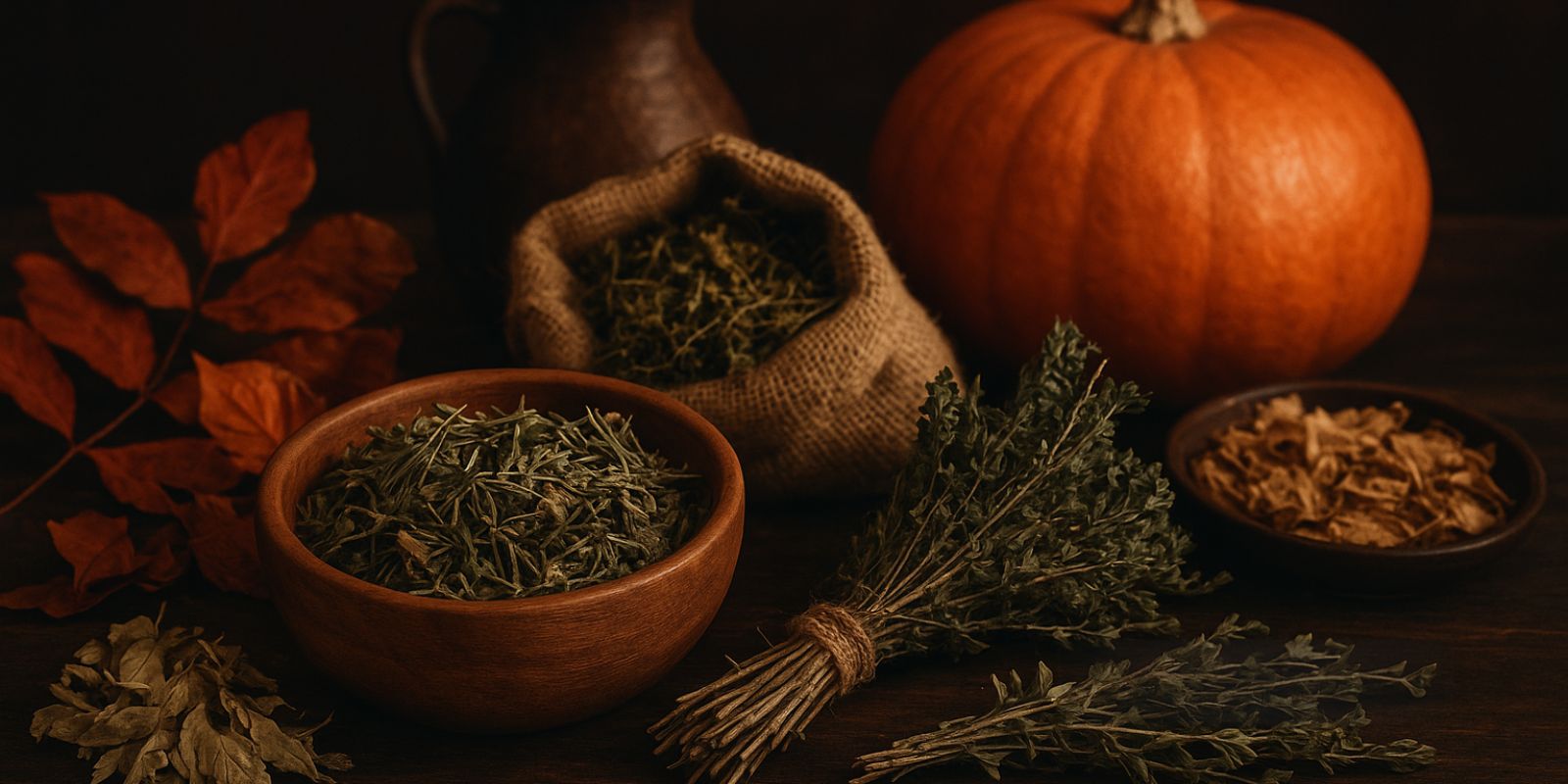 Romarin et Thym récolte de Samhain et citrouille d'halloween