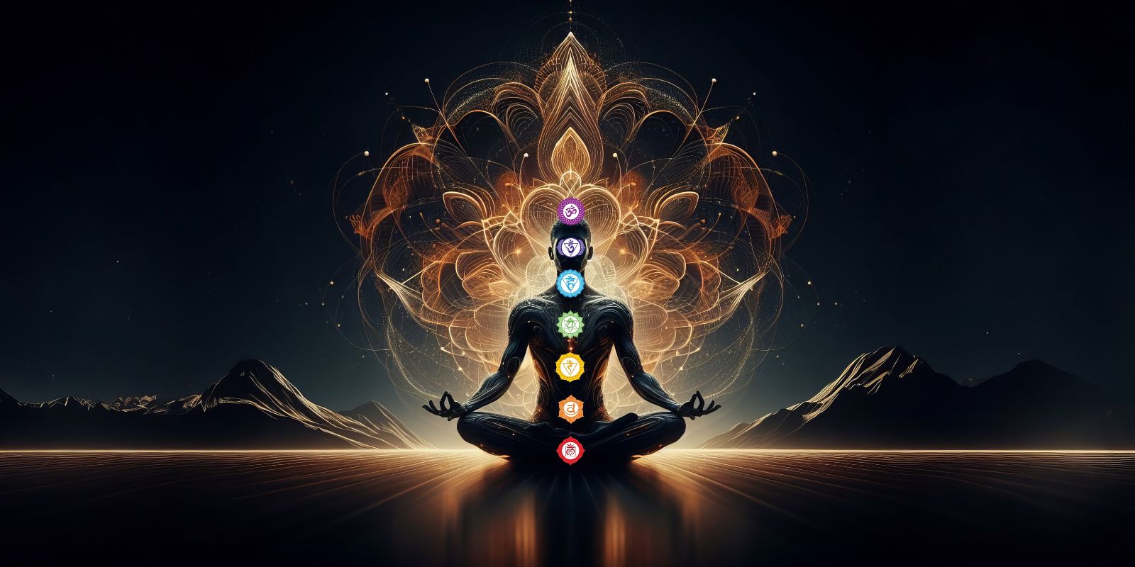 représentation des 7 chakras et de l'aura d'une personne en méditation