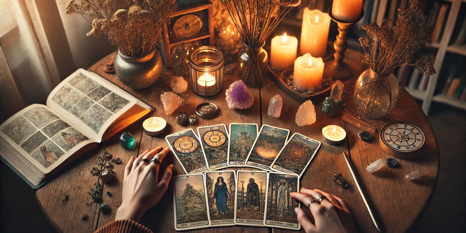 une voyante tire les cartes de tarot divinatoire accompagnée de pierres et cristaux et éclairé à la bougie