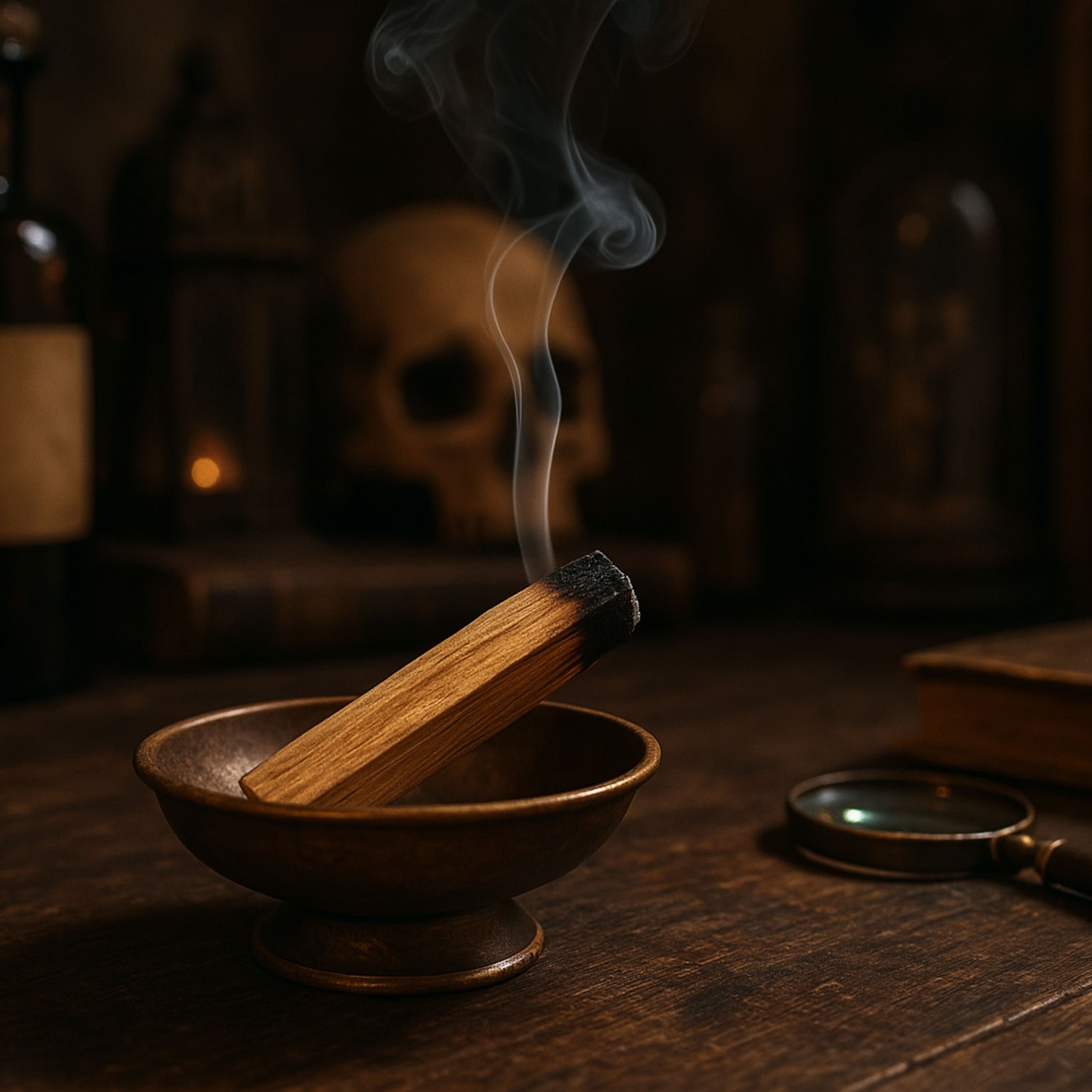 bâton de Palo Santo légèrement fumant dans une petite coupelle en bronze