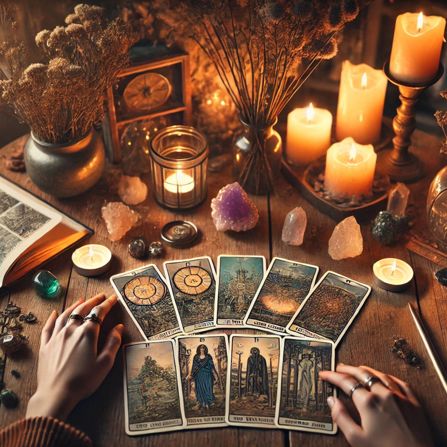 scène de cartomancie accompagnée de cristaux et minéraux de lithothérapie
