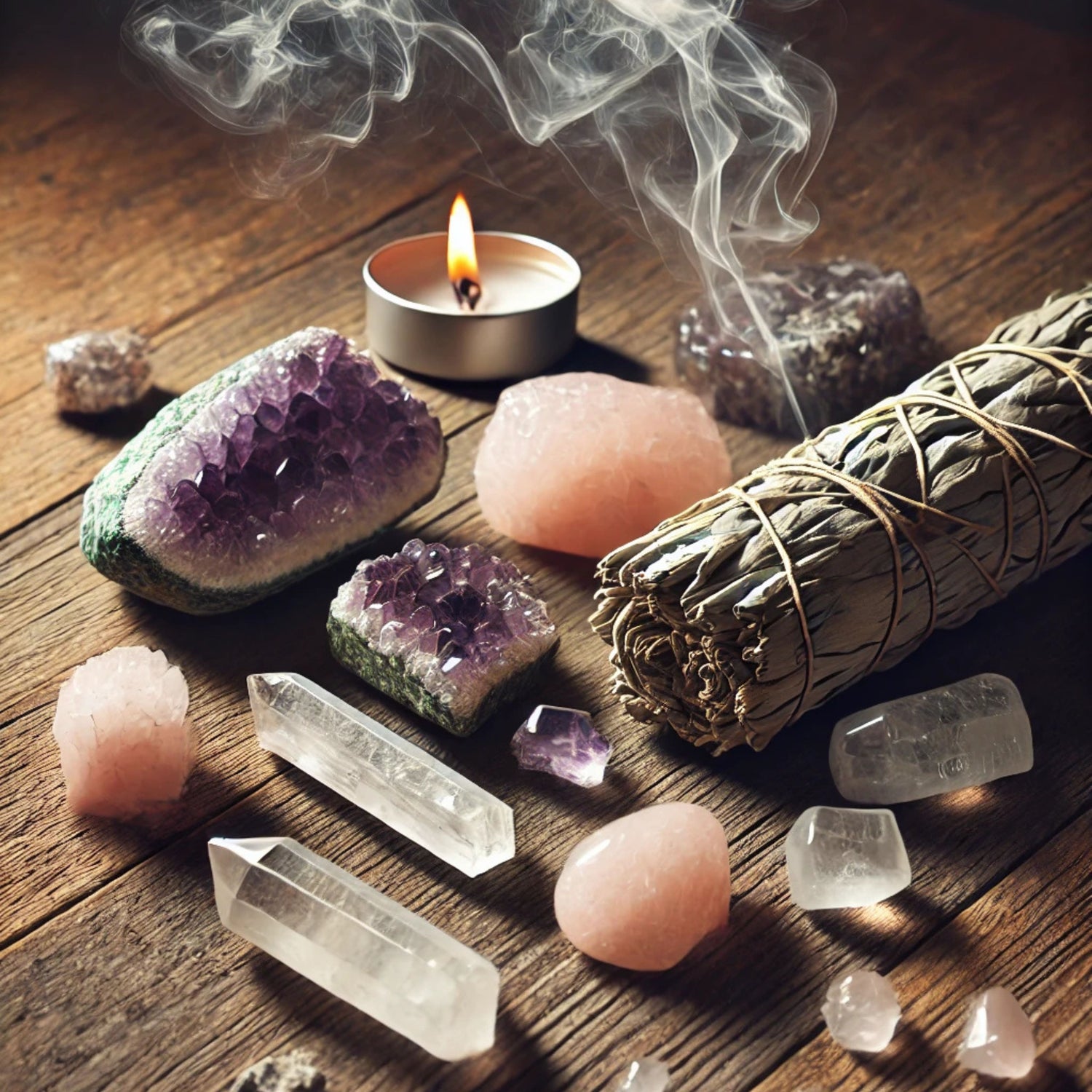 purification des pierres et cristaux de lithothérapie avec un bâton de sauge blanche