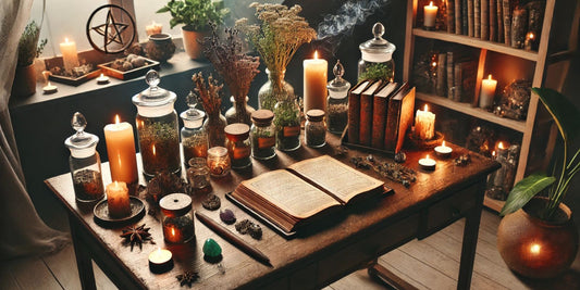 Ambiance wicca zen et mystique avec un vieux bureau en bois, un grimoire ancien ouvert, des bougies allumées créant une lumière douce, et des bocaux d'herbes médicinales disposés avec soin, évoquant un espace de pratique magique et spirituelle."
