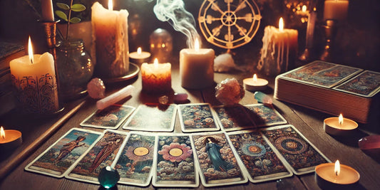 Scène de tirage de cartomancie sur une table, avec des cartes de tarot illustrées disposées en éventail. En arrière-plan, des bougies diffusent une lumière douce et chaleureuse, créant une ambiance mystique. 