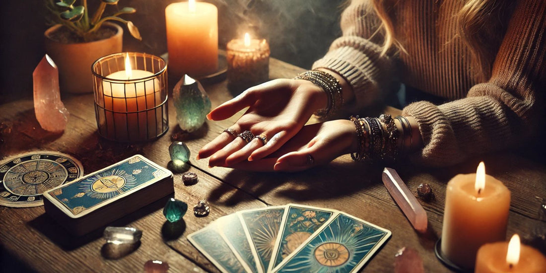 Séance de lecture des lignes de la main dans une ambiance mystique avec bougies, cristaux et cartes de tarot. Une voyante examine attentivement une paume sous une lumière tamisée