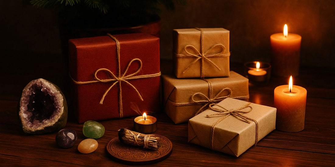 Cadeaux spirituels au pied d’un sapin de Noël, entourés de bougies, pierres et géodes dans une ambiance ésotérique chaleureuse
