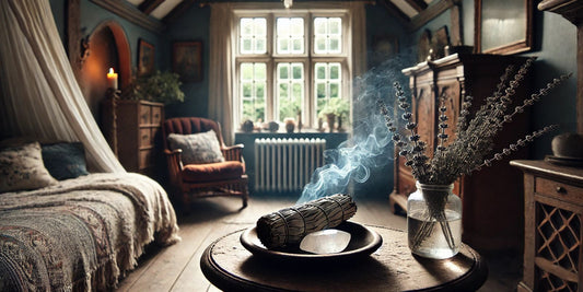 Une jolie chambre de cottage dans laquelle il y a un rituel de purification des énergies avecde la sauge blanche, du quartz clair et de la lavende