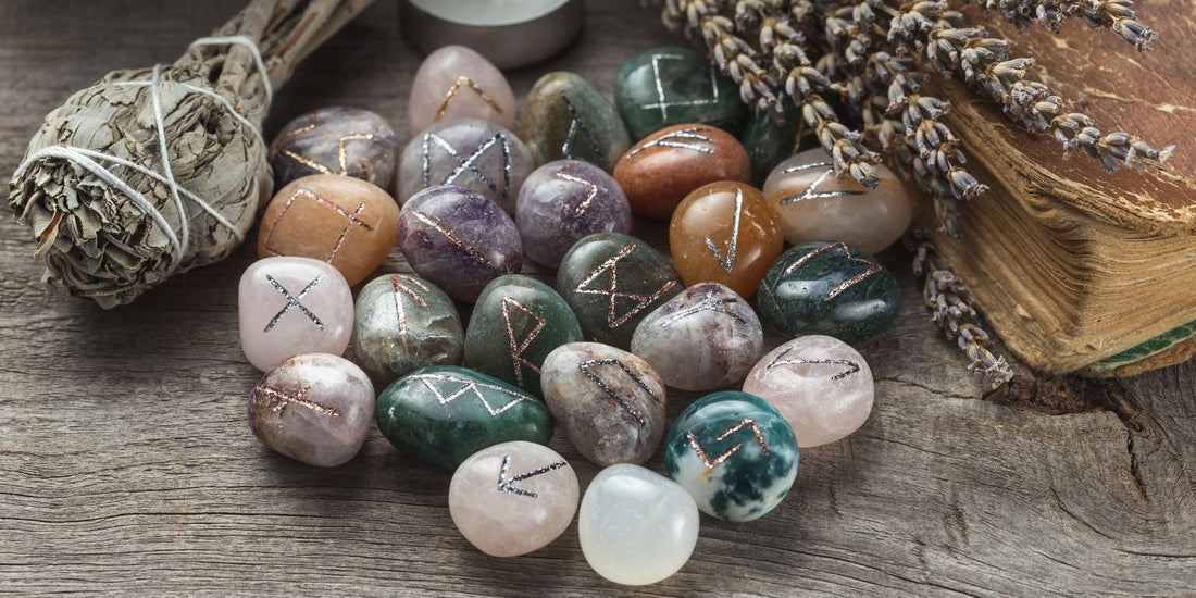 Set de runes viking fravées sur des pierres de lithothérapie pour la divination