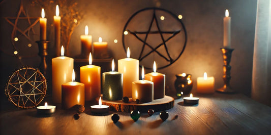 Image d'un autel wicca avec quelques bougies de différentes couleurs qui brûlent doucement
