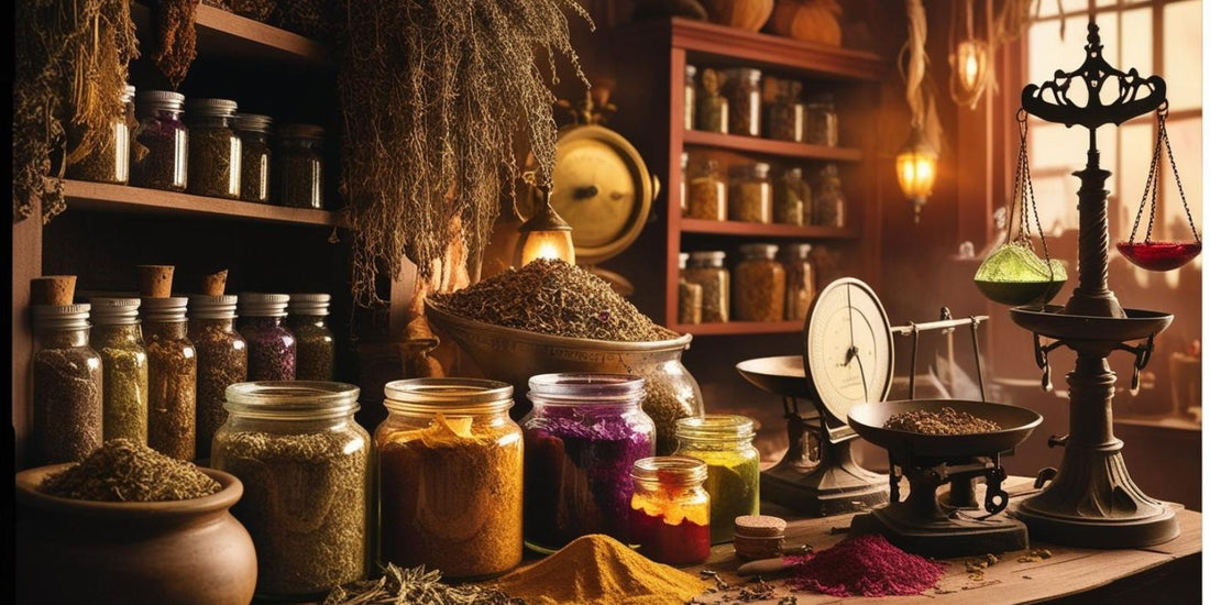 Boutique esoterique en ligne - Illustration d'une boutique d'apothicaire magique, remplie de potions d'amour et d'herbes mystérieuses, offrant un assortiment d'élixirs et de remèdes pour raviver la passion et attirer l'amour.