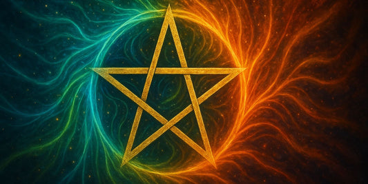 Pentacle doré entouré d'un cercle aux tons oranges d'un côté et bleus de l'autre pour symboliser l'équilibre des énergies