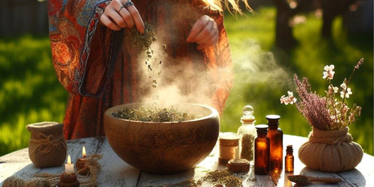 wicca au dessus d'un chadron fumant qui saupoudre d'herbes magiques