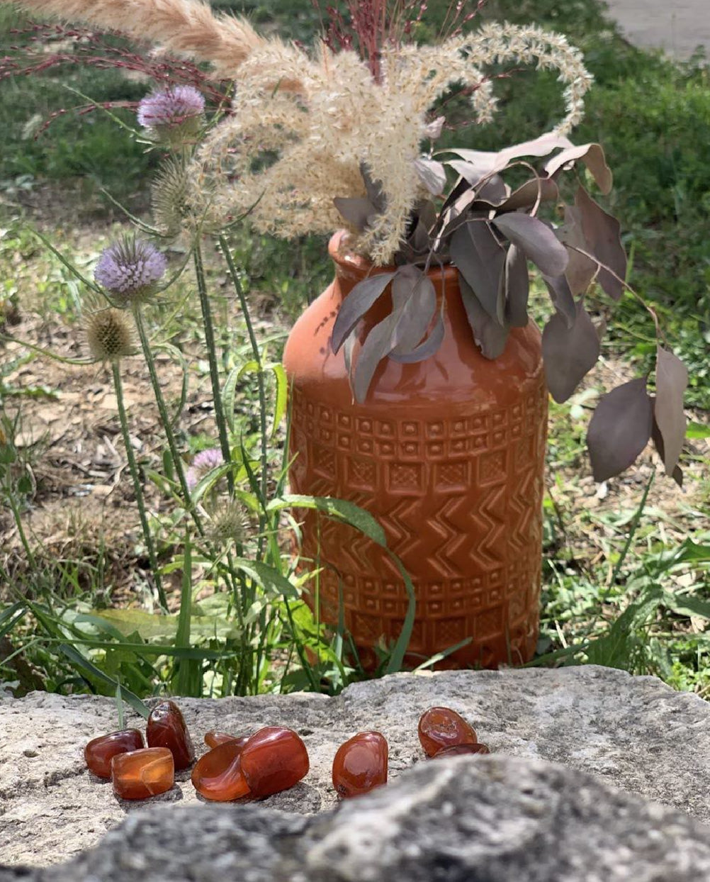 boutique esoterique - Pierres de lithothérapie en Cornaline joliement disposées devant un vase auxorangé
