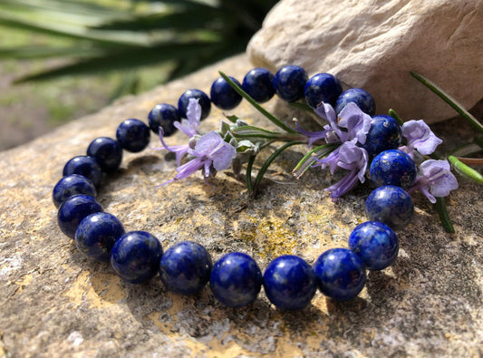 Bracelet en pierre Naturelle - Perle en Lapis Lazuli et jolie fleur violette