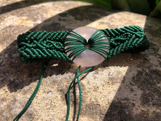 Boutique de Lithothérapie en ligne - Bracelet tressage vert sapin et Donut Quartz Rose
