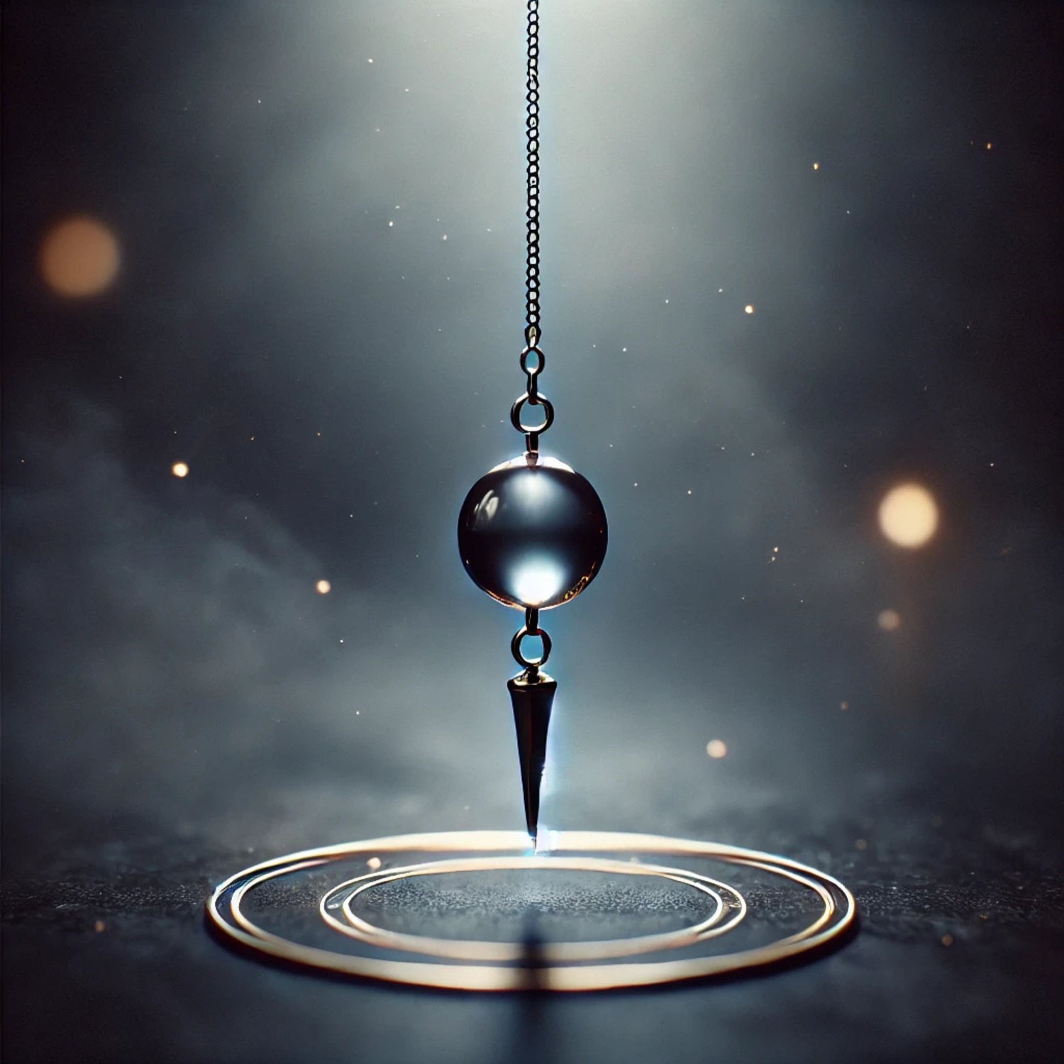 pendule divinatoire en forme de goutte en verre oscillant au dessus d'un cercle doré