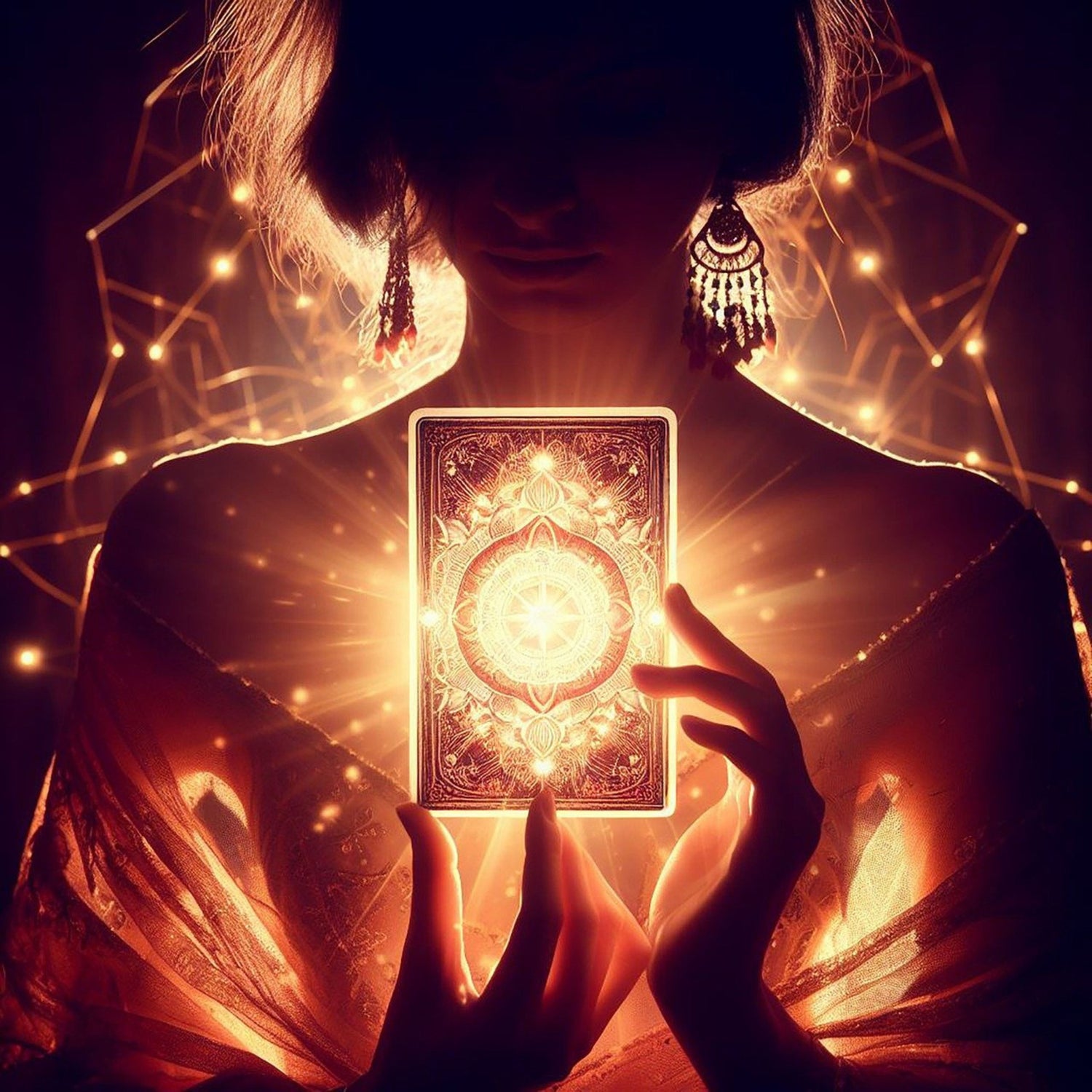 une voyante tient une carte de tarot qui semble emplie d'une énergie forte