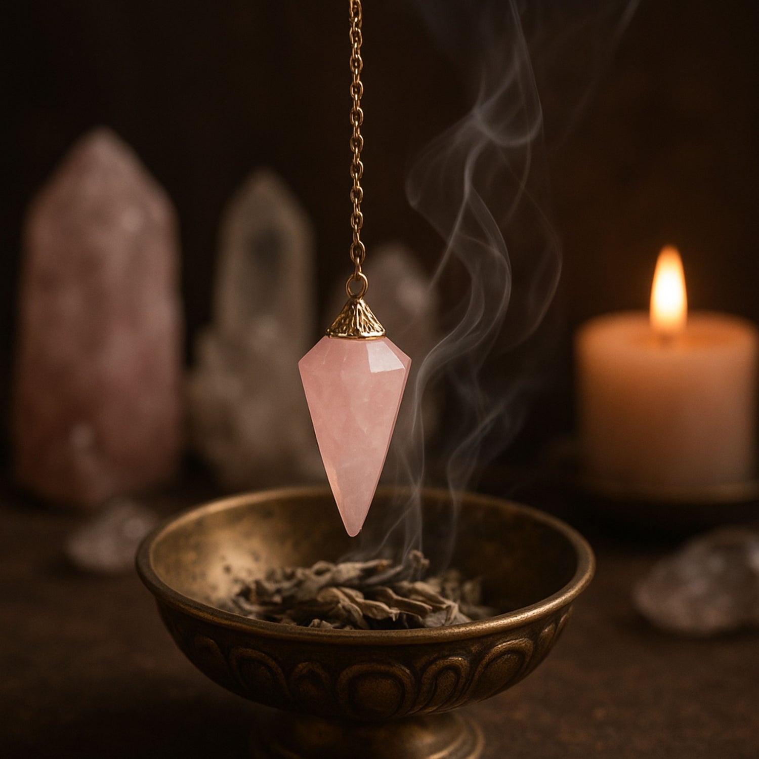 Purification d'un Pendule divinatoire en quartz rose suspendu au-dessus d’une coupelle en bronze contenant de la sauge blanche fumante dans une ambiance ésotérique apaisante.