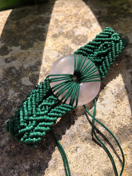 Boutique de Lithothérapie en ligne - Bracelet tressage vert profond et Donut Quartz Rose