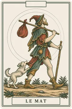 Arcane du Mat, sans numéro, du jeu de tarot Sœurs : un voyageur avec son baluchon et son bâton, suivi d'un petit chien