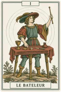 Arcane I, le Bateleur, du jeu de tarot Sœurs : un jeune homme debout devant une table couverte d'objets, une baguette levée