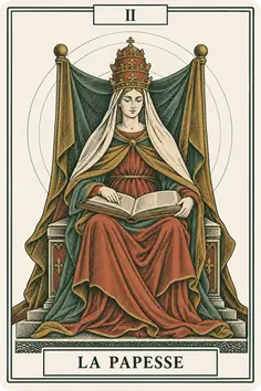 Arcane II, la Papesse, du jeu de tarot Sœurs : une femme assise sous un voile, un livre ouvert sur les genoux