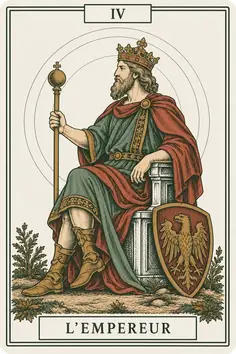 Arcane IV, l'Empereur, du jeu de tarot Sœurs : un souverain assis de profil, sceptre en main, un bouclier à l'aigle à ses pieds