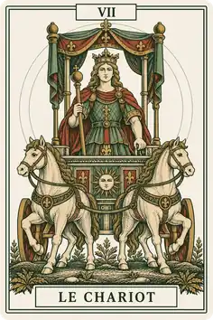 Arcane VII, le Chariot, du jeu de tarot Sœurs : un personnage couronné debout dans un char tiré par deux chevaux