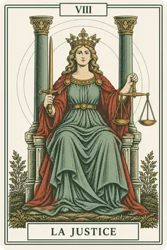 Arcane VIII, la Justice, du jeu de tarot Sœurs : une femme couronnée assise entre deux colonnes, une épée et une balance en main