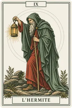 Arcane IX, l'Hermite, du jeu de tarot Sœurs : un vieil homme encapuchonné qui avance avec un bâton et lève une lanterne