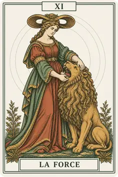 Arcane XI, la Force, du jeu de tarot Sœurs : une femme au grand chapeau qui ouvre doucement la gueule d'un lion
