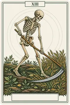 Arcane XIII, l'Arcane sans nom, du jeu de tarot Sœurs : un squelette qui fauche un champ où de jeunes pousses repartent