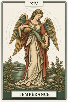 Arcane XIV, Tempérance, du jeu de tarot Sœurs : un ange qui verse l'eau d'un vase dans un autre