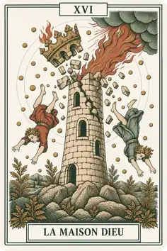 Arcane XVI, la Maison Dieu, du jeu de tarot Sœurs : une tour frappée par une flamme, deux personnages qui tombent