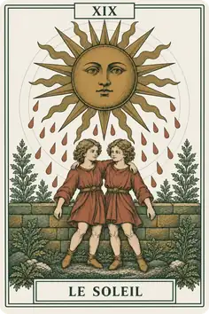 Arcane XIX, le Soleil, du jeu de tarot Sœurs : un soleil à visage au-dessus de deux enfants enlacés devant un muret