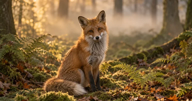 Renard roux assis dans un sous-bois de fougères et de mousse, regardant l’objectif dans la lumière dorée du matin