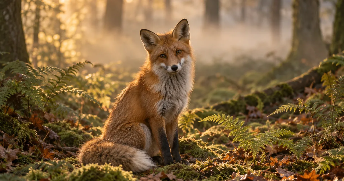 Renard roux assis dans un sous-bois de fougères et de mousse, regardant l’objectif dans la lumière dorée du matin